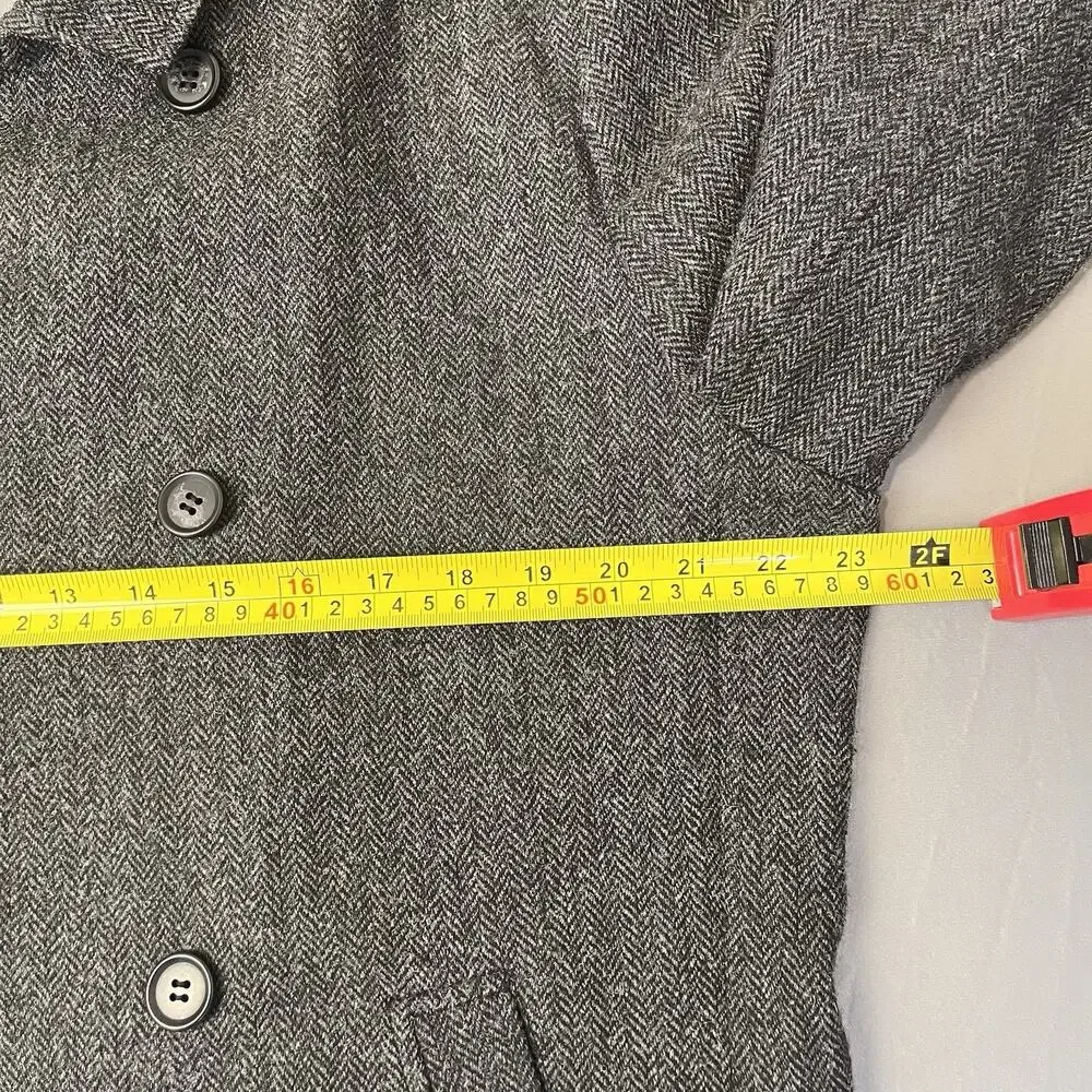 Men's Gray Double Breast Wool Blend Pea Coat Size XL Herringbone Tweed